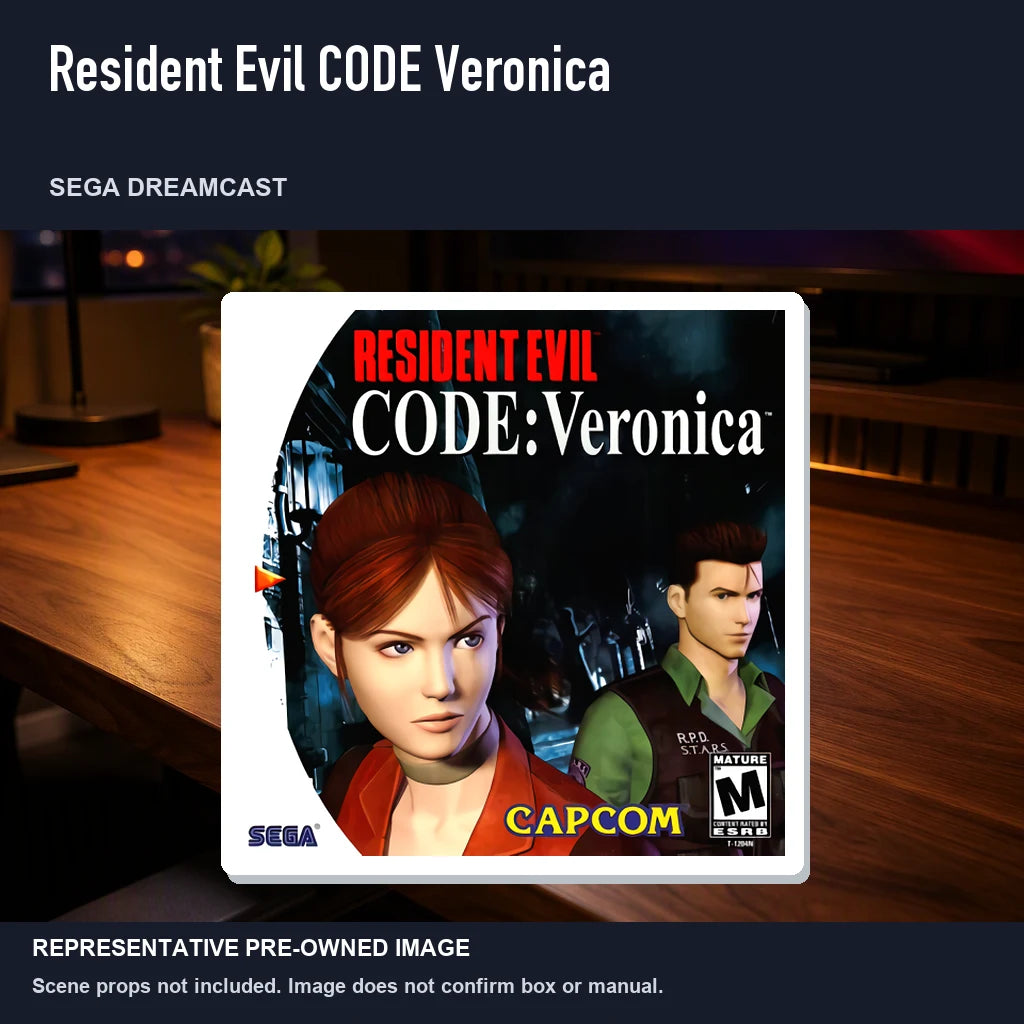 Representative pre-owned Resident Evil CODE Veronica (Sega Dreamcast), product image in a styled desk scene.