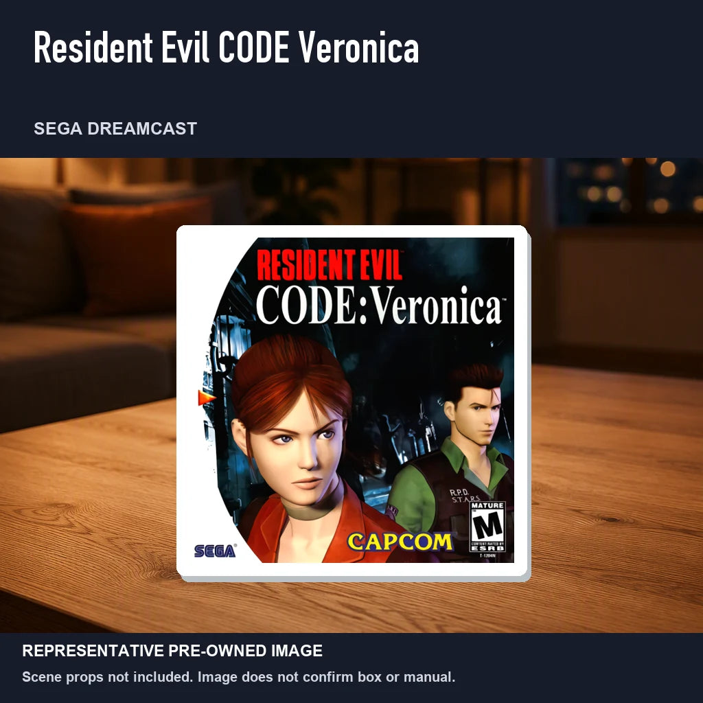 Representative pre-owned Resident Evil CODE Veronica (Sega Dreamcast), product image in a styled room scene.
