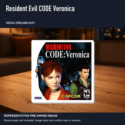 Representative pre-owned Resident Evil CODE Veronica (Sega Dreamcast), product image in a styled room scene.
