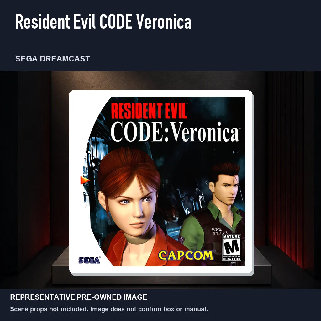 Representative pre-owned Resident Evil CODE Veronica (Sega Dreamcast), product image on a display panel.