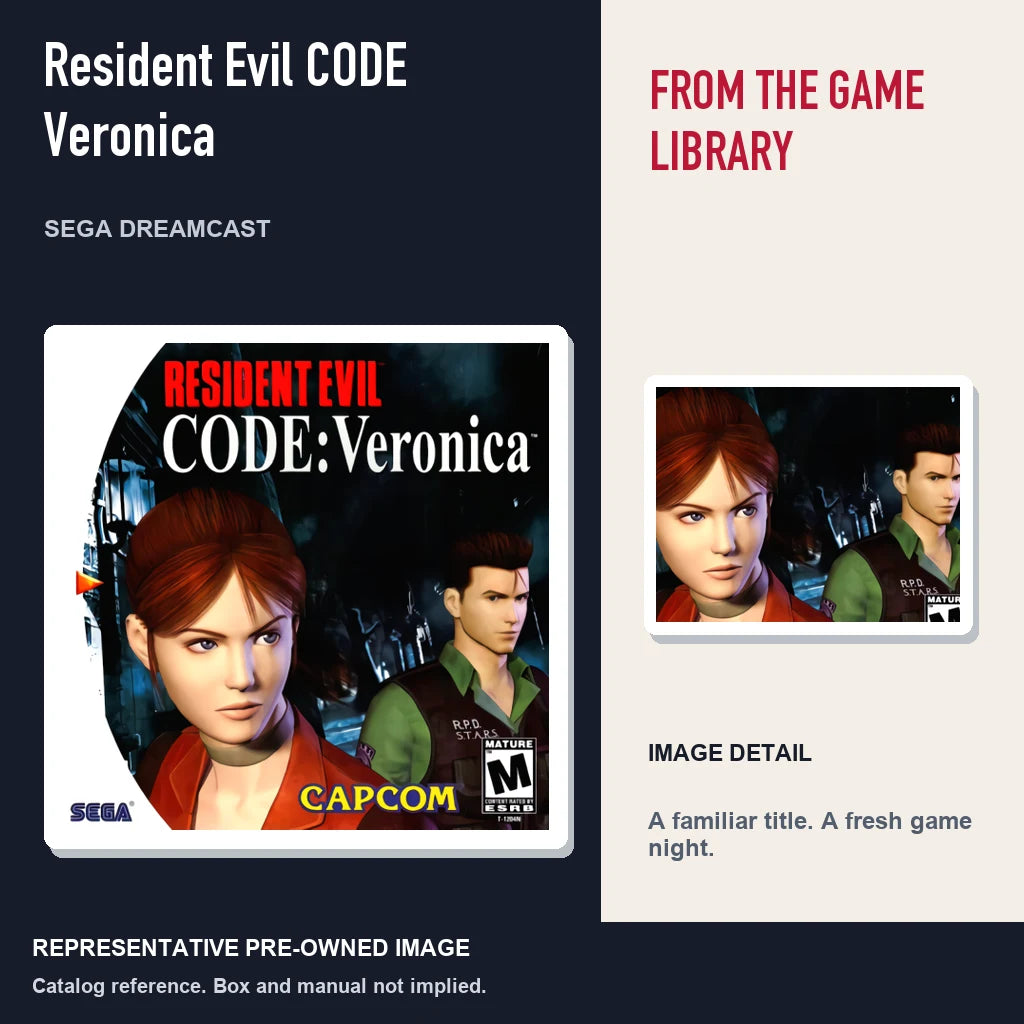 Representative pre-owned Resident Evil CODE Veronica (Sega Dreamcast), editorial image and detail.