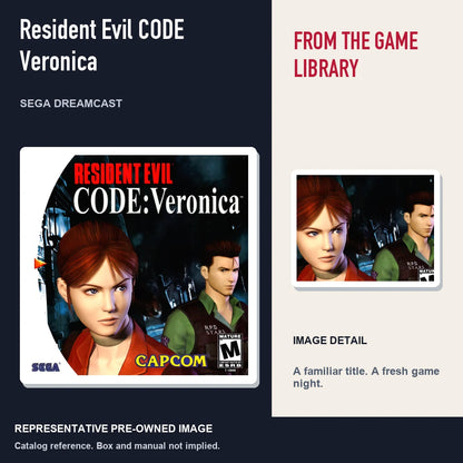 Representative pre-owned Resident Evil CODE Veronica (Sega Dreamcast), editorial image and detail.