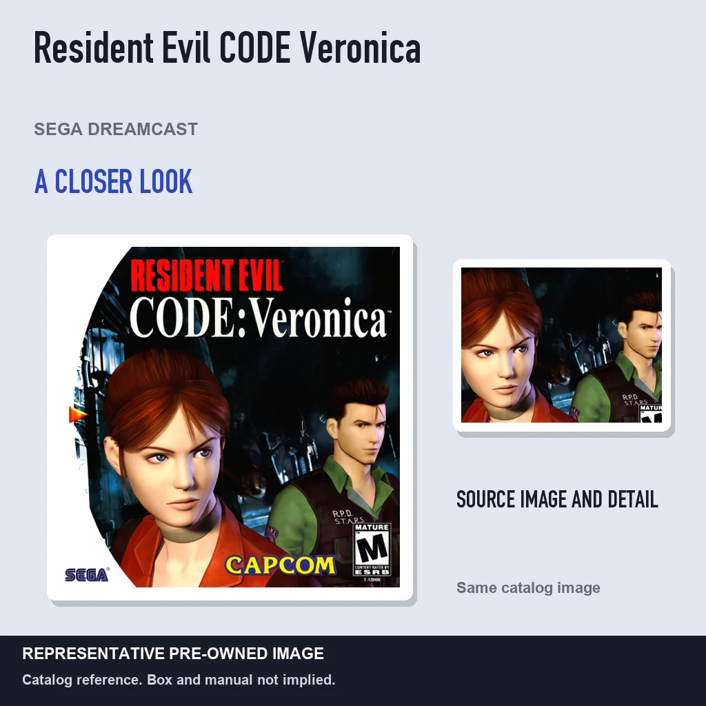 Representative pre-owned Resident Evil CODE Veronica (Sega Dreamcast), full image with detail inset.