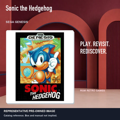 Representative pre-owned Sonic the Hedgehog (Sega Genesis), red retro product layout.