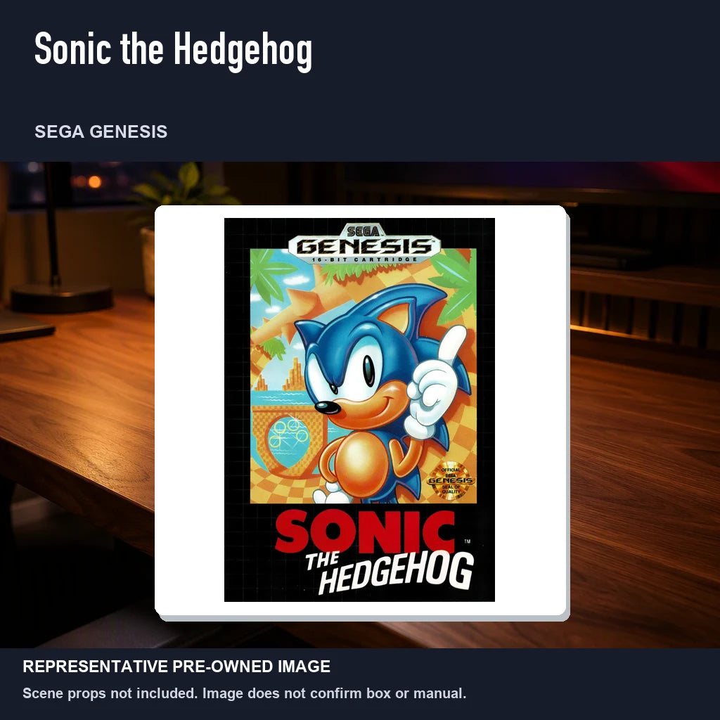 Representative pre-owned Sonic the Hedgehog (Sega Genesis), product image in a styled desk scene.