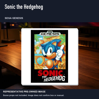 Representative pre-owned Sonic the Hedgehog (Sega Genesis), product image in a styled desk scene.