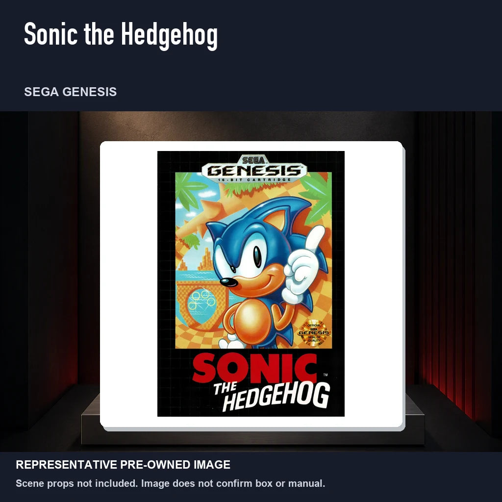 Representative pre-owned Sonic the Hedgehog (Sega Genesis), product image on a display panel.