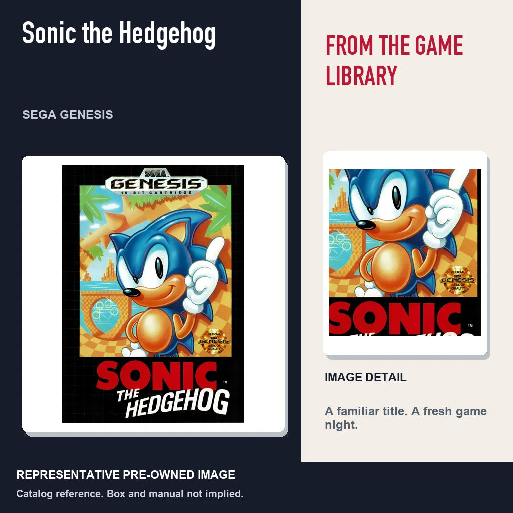 Representative pre-owned Sonic the Hedgehog (Sega Genesis), editorial image and detail.