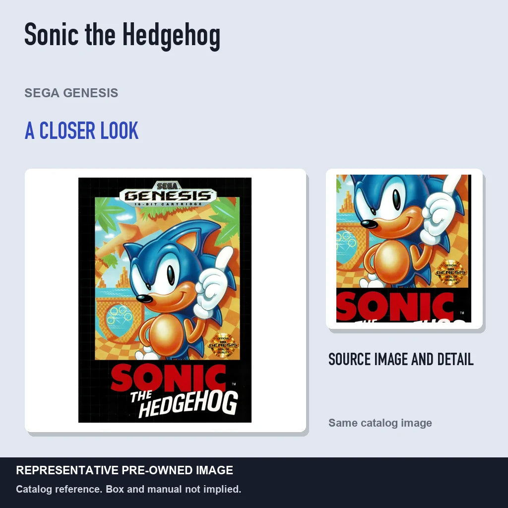 Representative pre-owned Sonic the Hedgehog (Sega Genesis), full image with detail inset.
