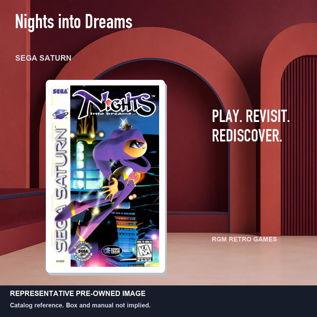 Representative pre-owned Nights into Dreams (Sega Saturn), red retro product layout.