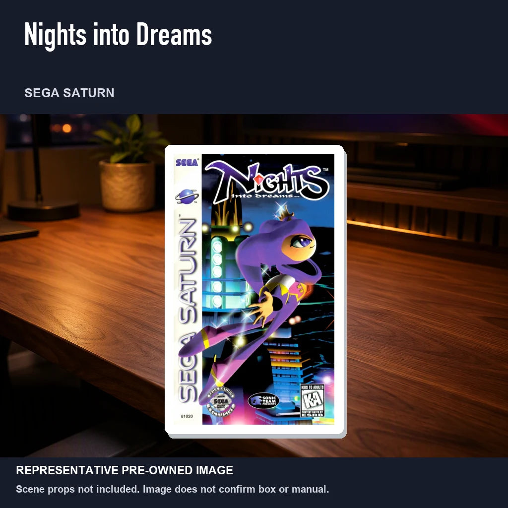 Representative pre-owned Nights into Dreams (Sega Saturn), product image in a styled desk scene.