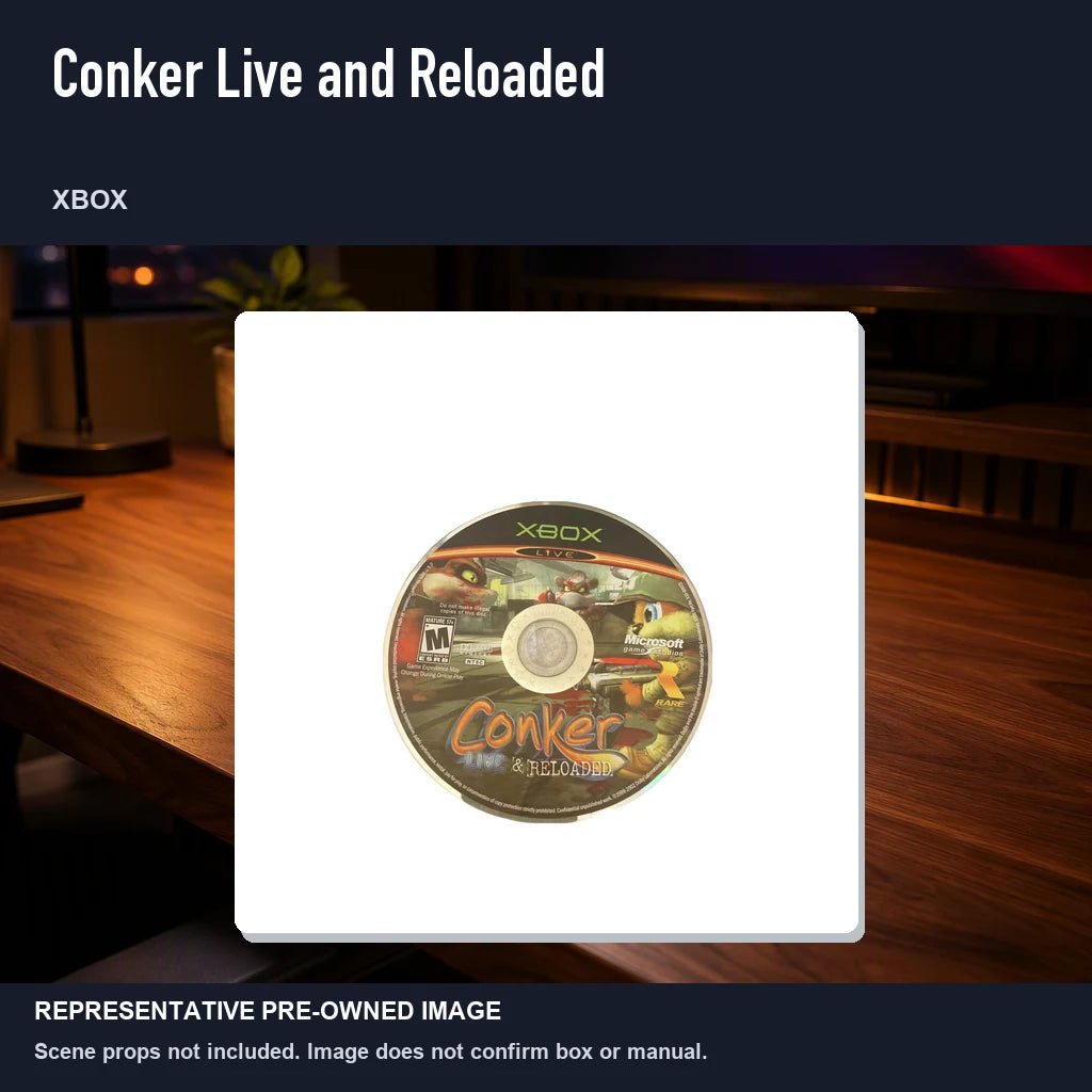 Representative pre-owned Conker Live and Reloaded (Xbox), product image in a styled desk scene.