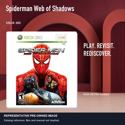 Representative pre-owned Spiderman Web of Shadows (Xbox 360), red retro product layout.