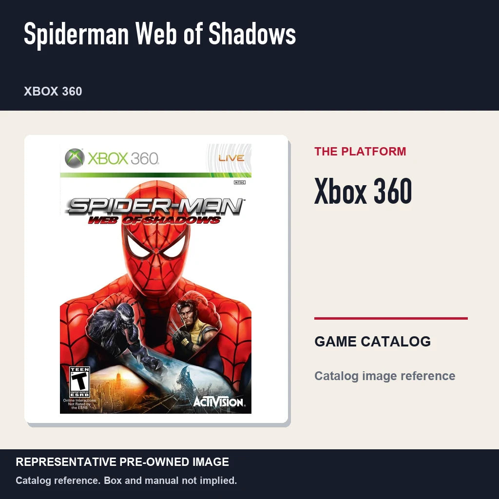 Representative pre-owned Spiderman Web of Shadows (Xbox 360), platform product layout.