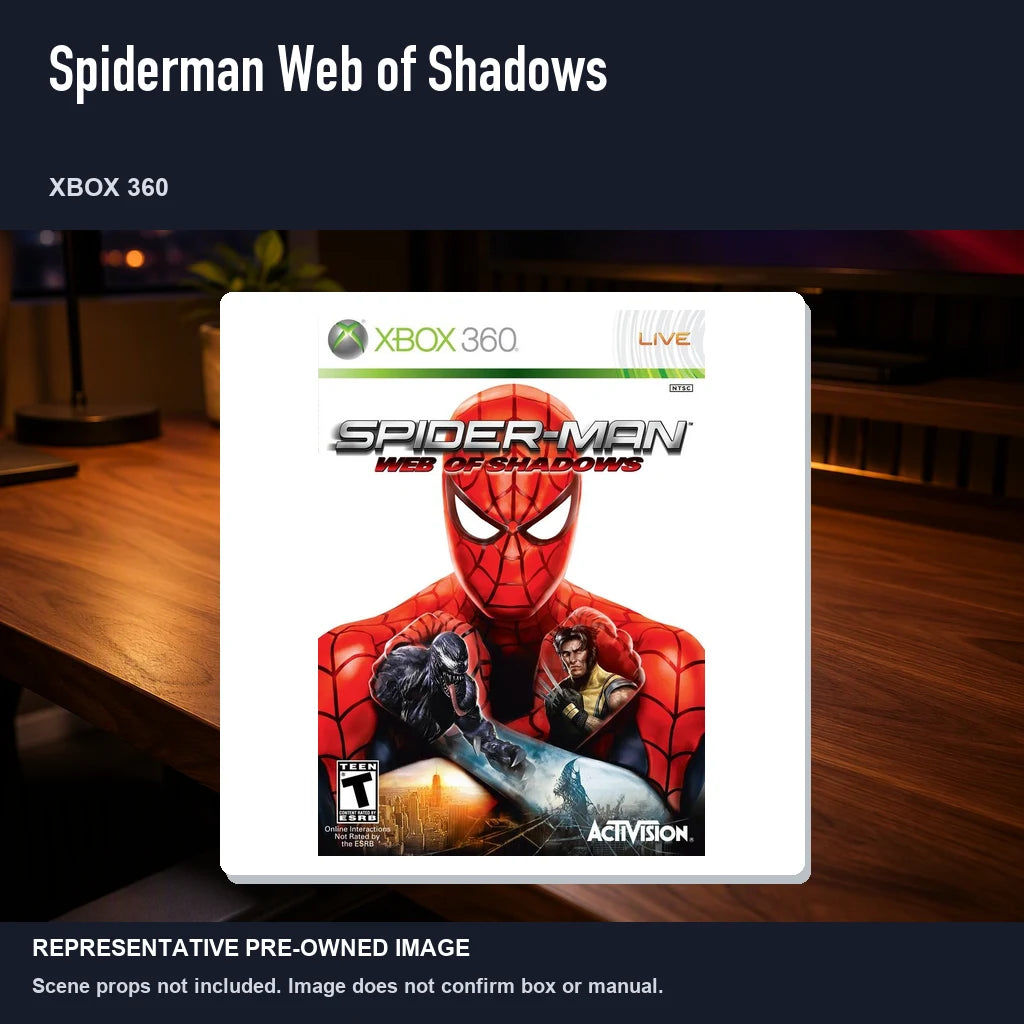 Representative pre-owned Spiderman Web of Shadows (Xbox 360), product image in a styled desk scene.