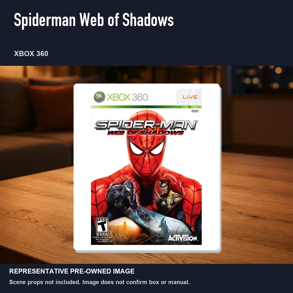 Representative pre-owned Spiderman Web of Shadows (Xbox 360), product image in a styled room scene.