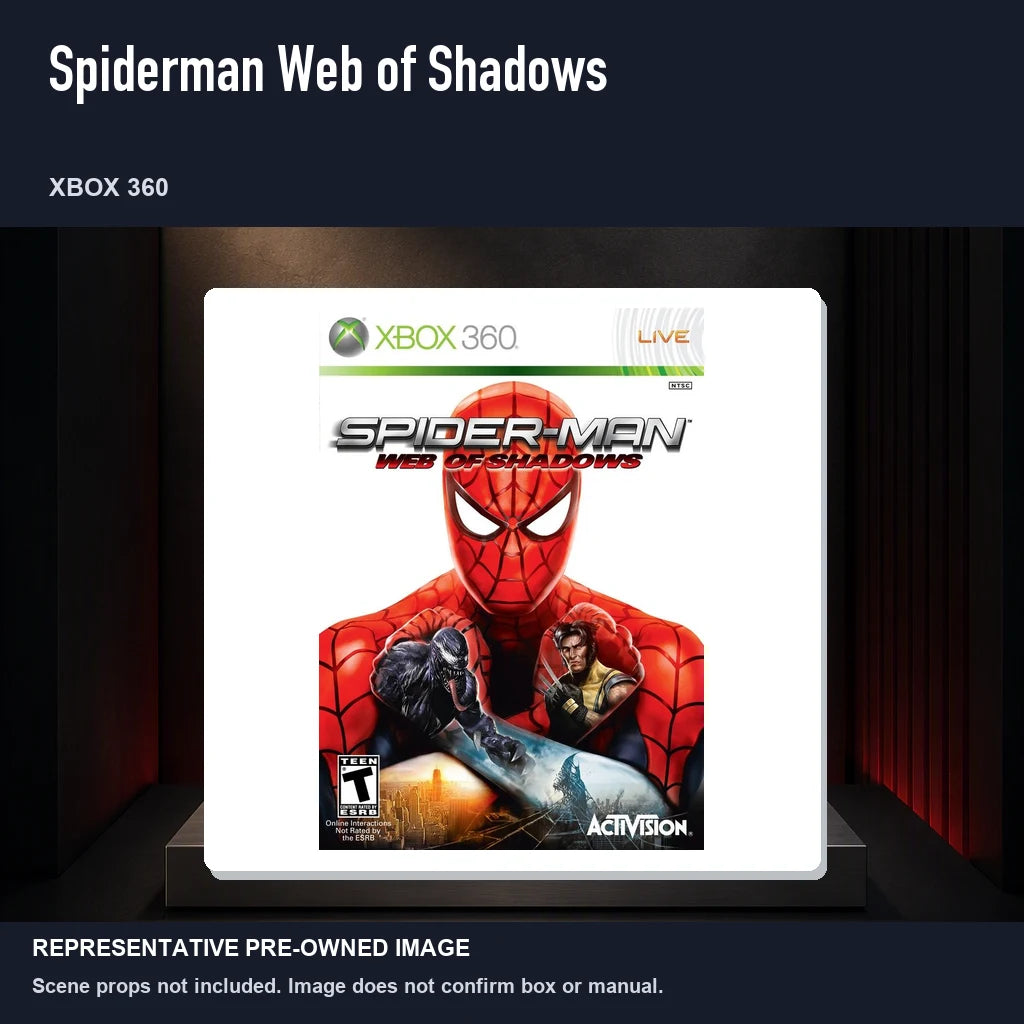 Representative pre-owned Spiderman Web of Shadows (Xbox 360), product image on a display panel.