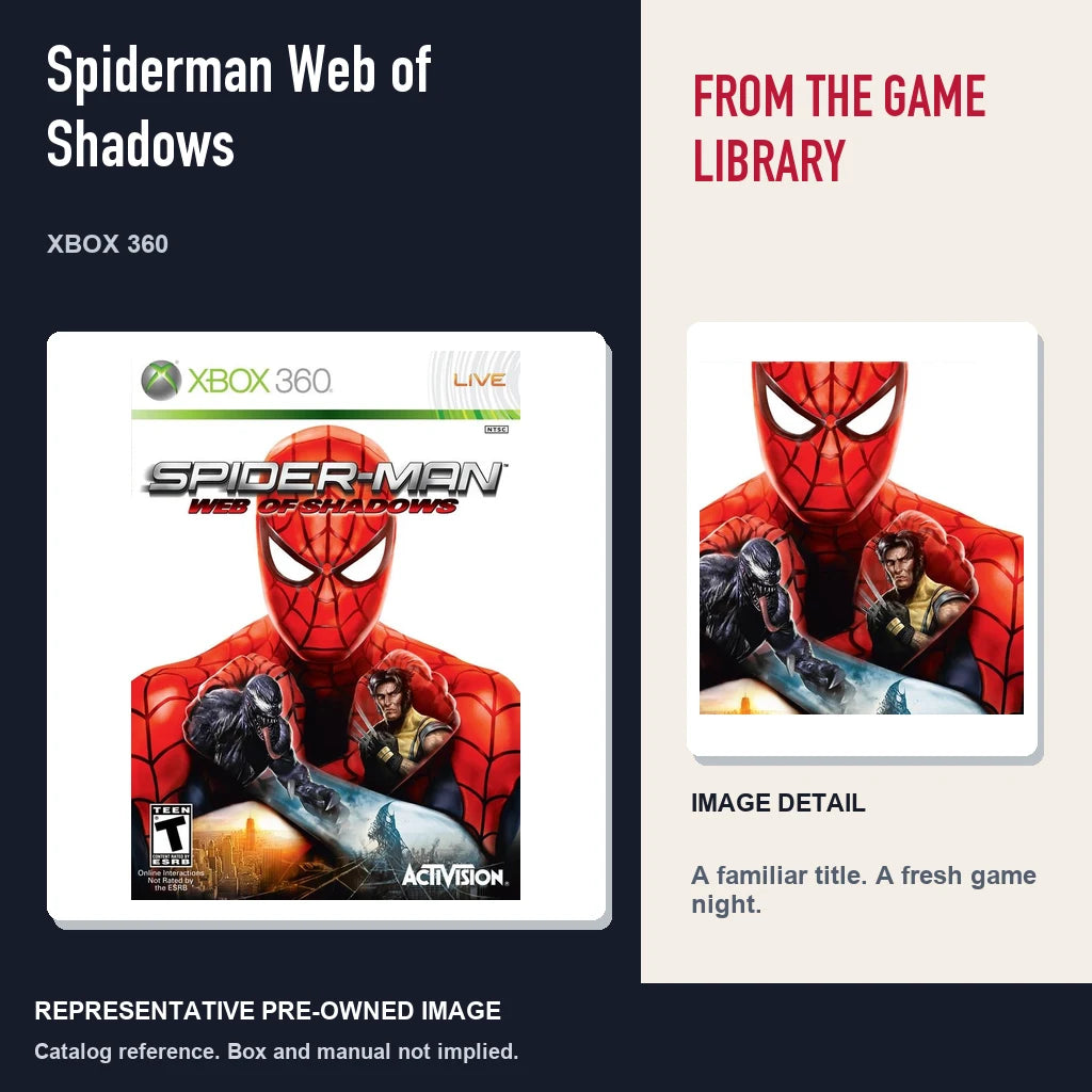 Representative pre-owned Spiderman Web of Shadows (Xbox 360), editorial image and detail.