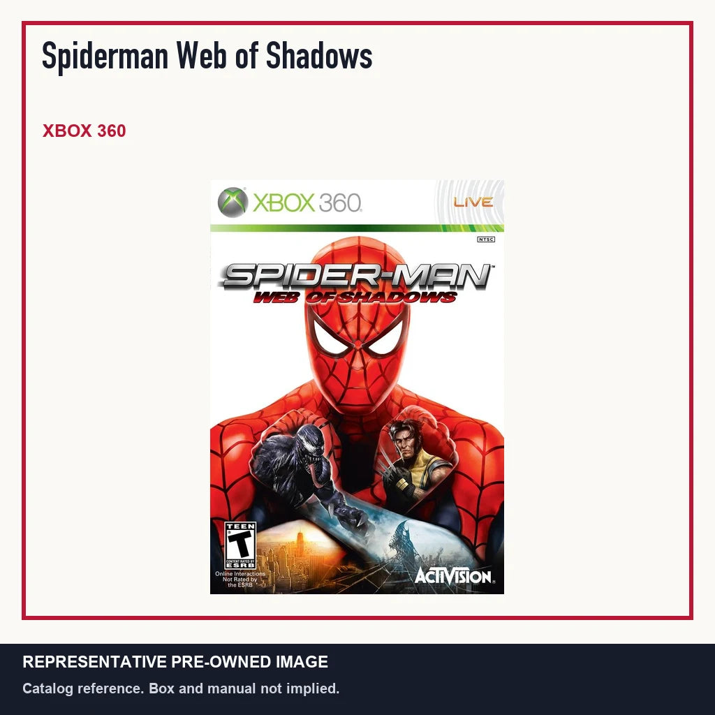 Representative pre-owned Spiderman Web of Shadows (Xbox 360), minimal product layout.