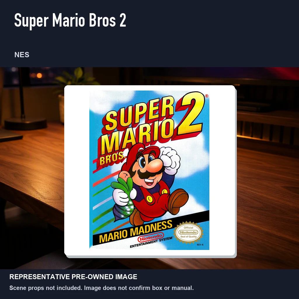 Representative pre-owned Super Mario Bros 2 (NES), product image in a styled desk scene.