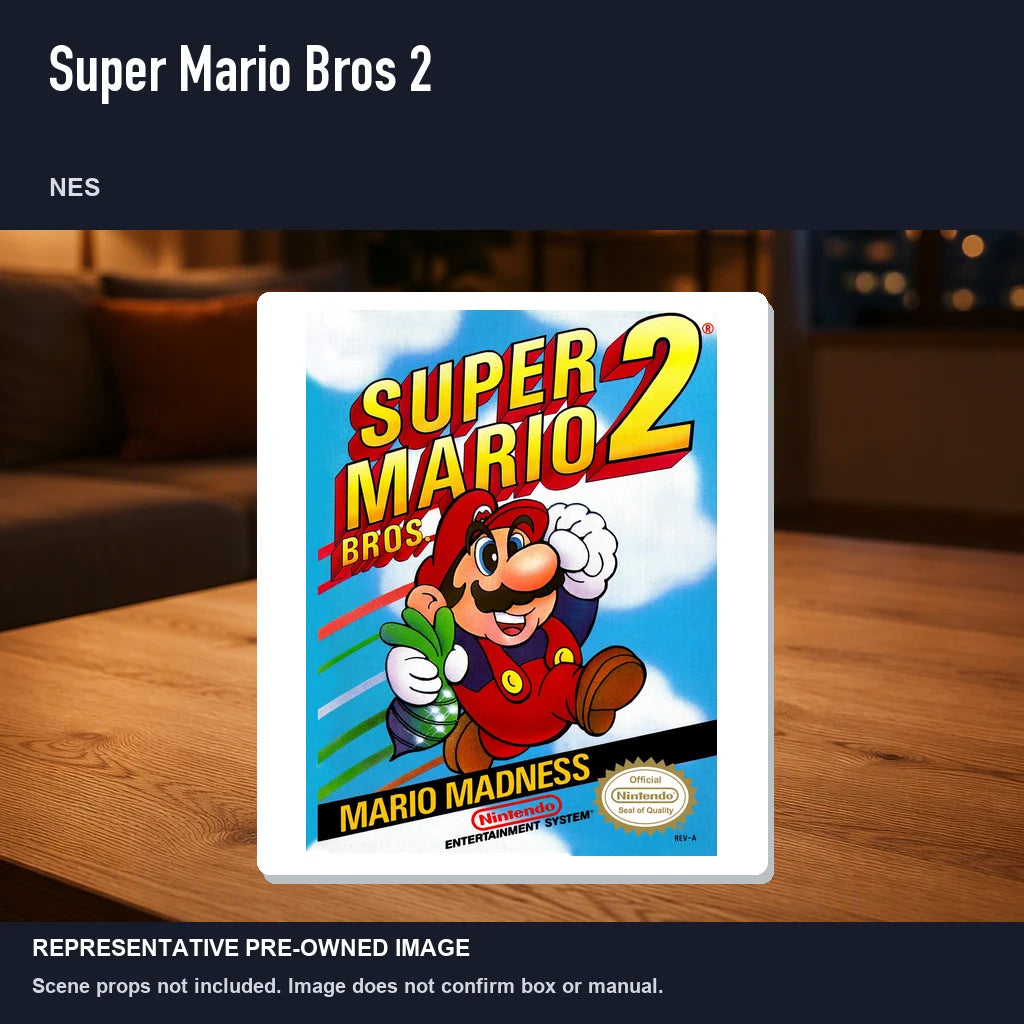 Representative pre-owned Super Mario Bros 2 (NES), product image in a styled room scene.