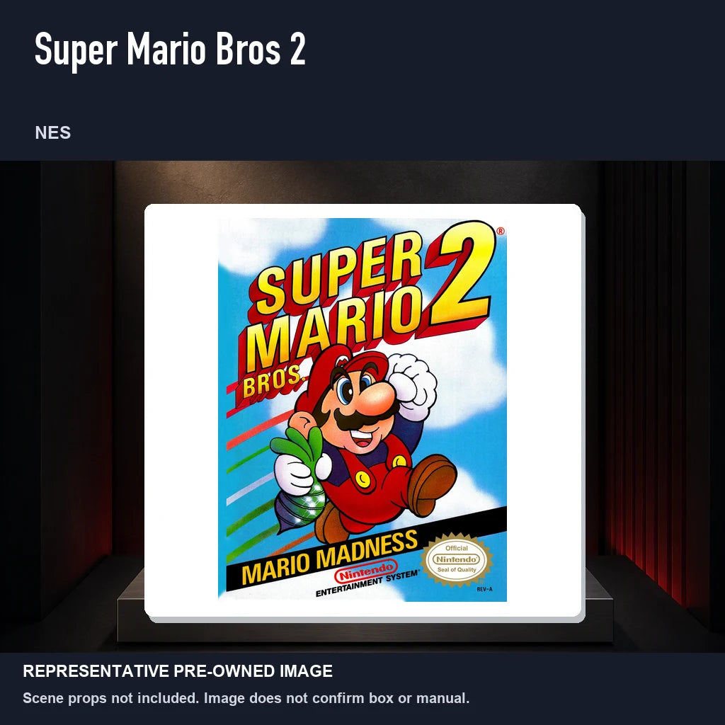 Representative pre-owned Super Mario Bros 2 (NES), product image on a display panel.