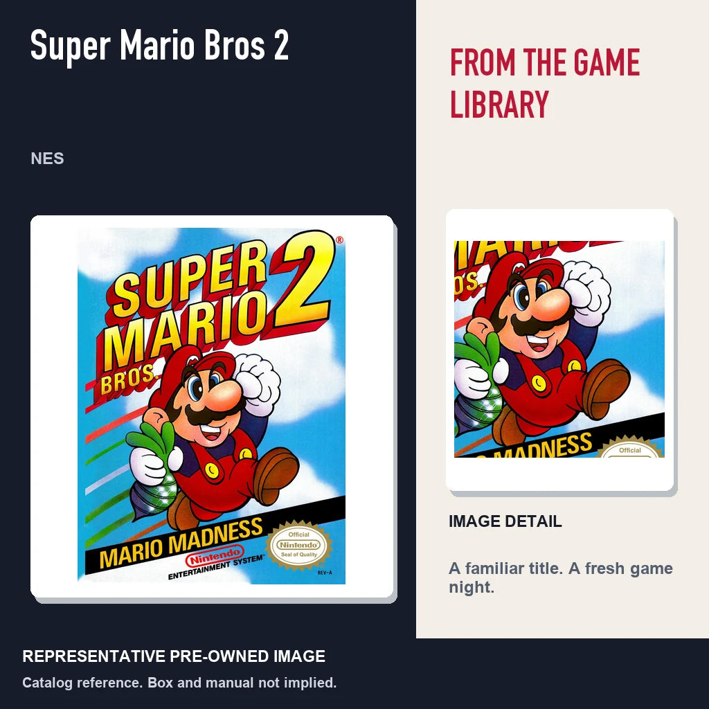 Representative pre-owned Super Mario Bros 2 (NES), editorial image and detail.