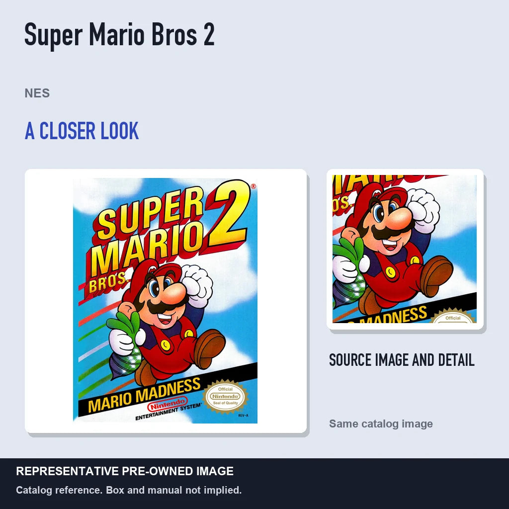 Representative pre-owned Super Mario Bros 2 (NES), full image with detail inset.