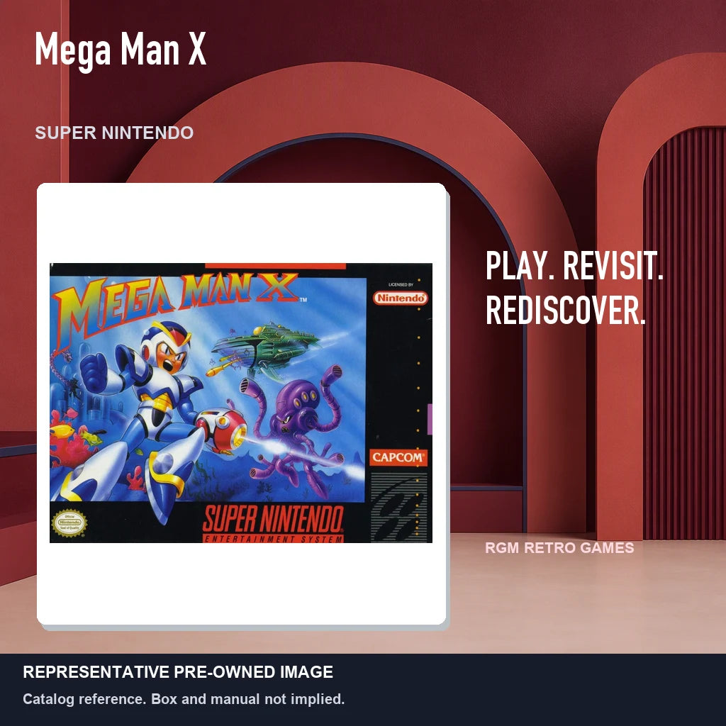Representative pre-owned Mega Man X (Super Nintendo), red retro product layout.