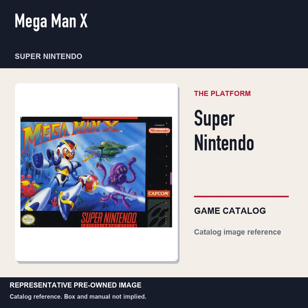 Representative pre-owned Mega Man X (Super Nintendo), platform product layout.