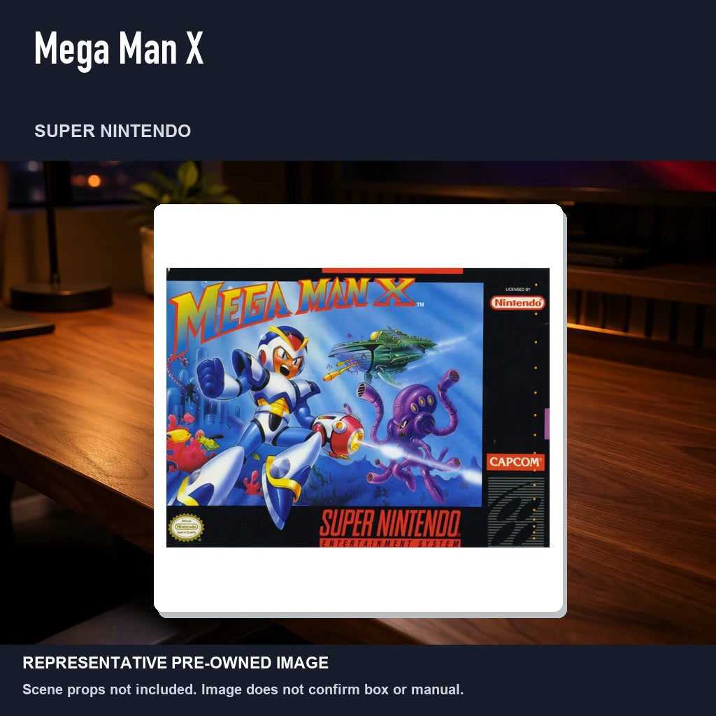 Representative pre-owned Mega Man X (Super Nintendo), product image in a styled desk scene.