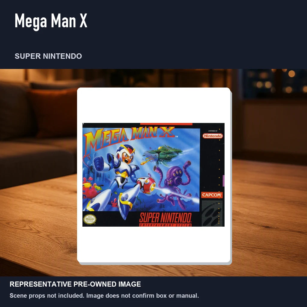 Representative pre-owned Mega Man X (Super Nintendo), product image in a styled room scene.