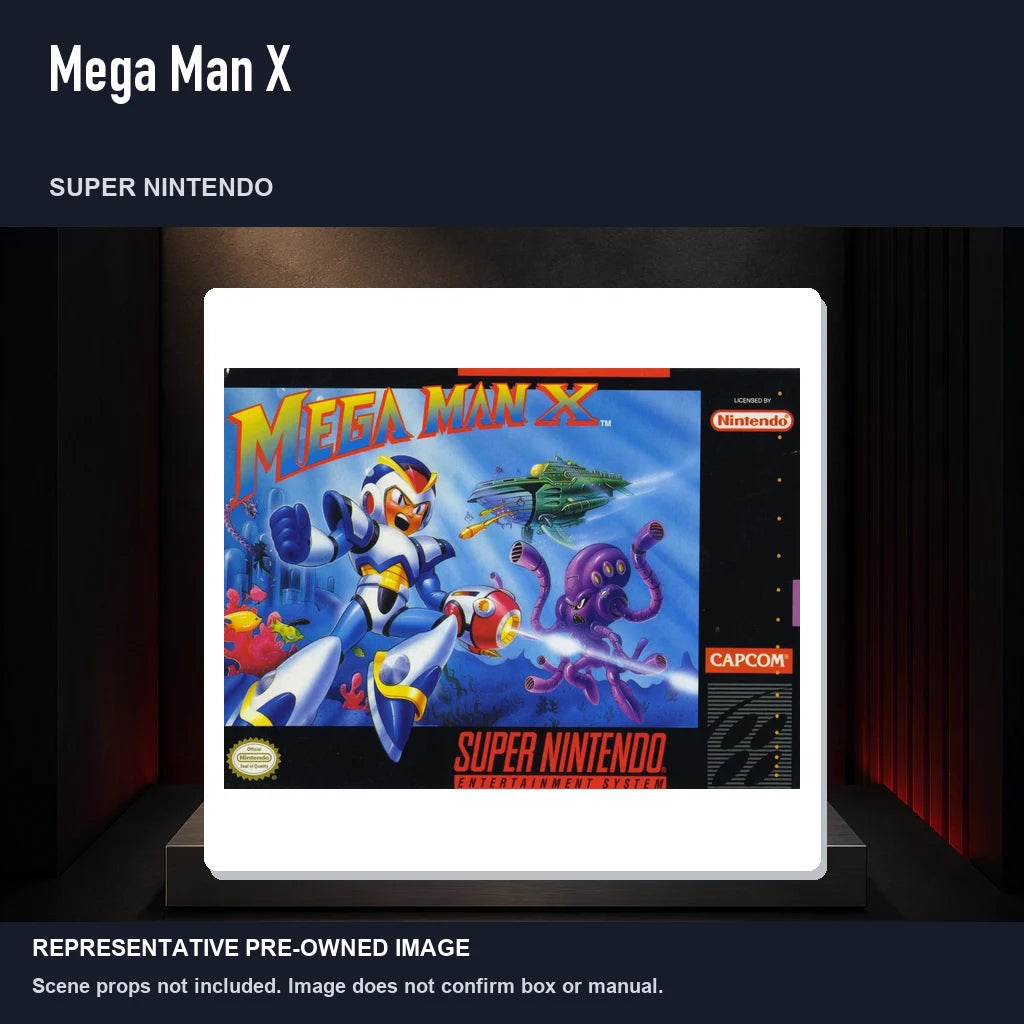 Representative pre-owned Mega Man X (Super Nintendo), product image on a display panel.