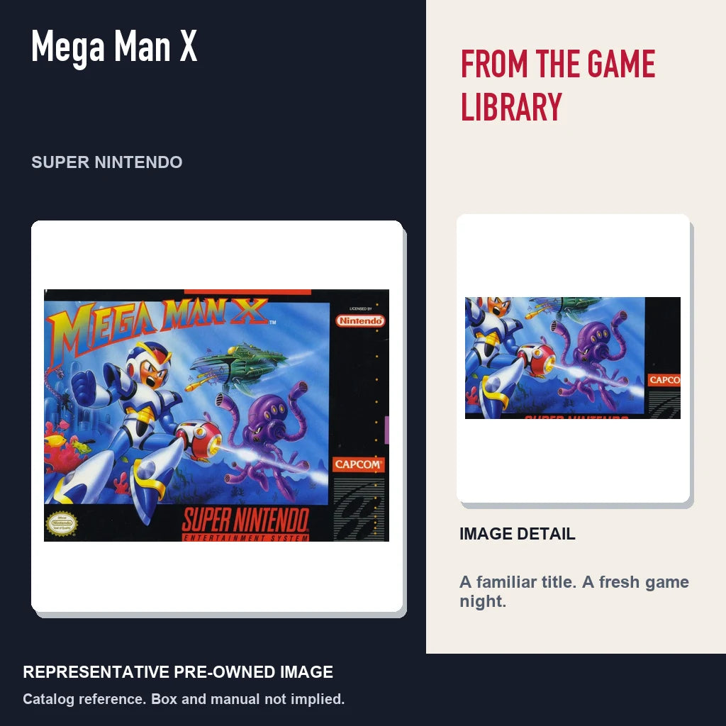 Representative pre-owned Mega Man X (Super Nintendo), editorial image and detail.