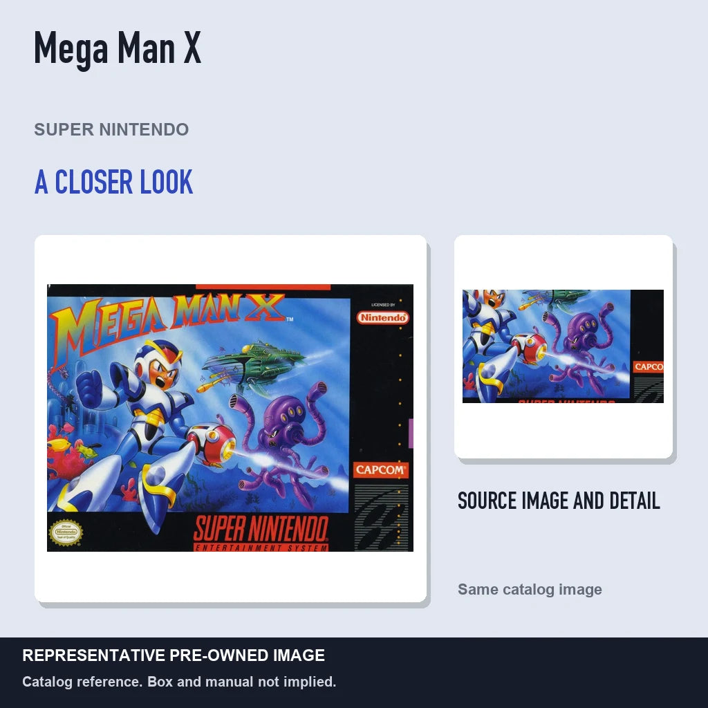 Representative pre-owned Mega Man X (Super Nintendo), full image with detail inset.