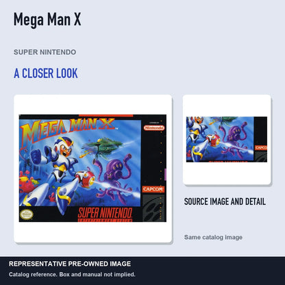 Representative pre-owned Mega Man X (Super Nintendo), full image with detail inset.