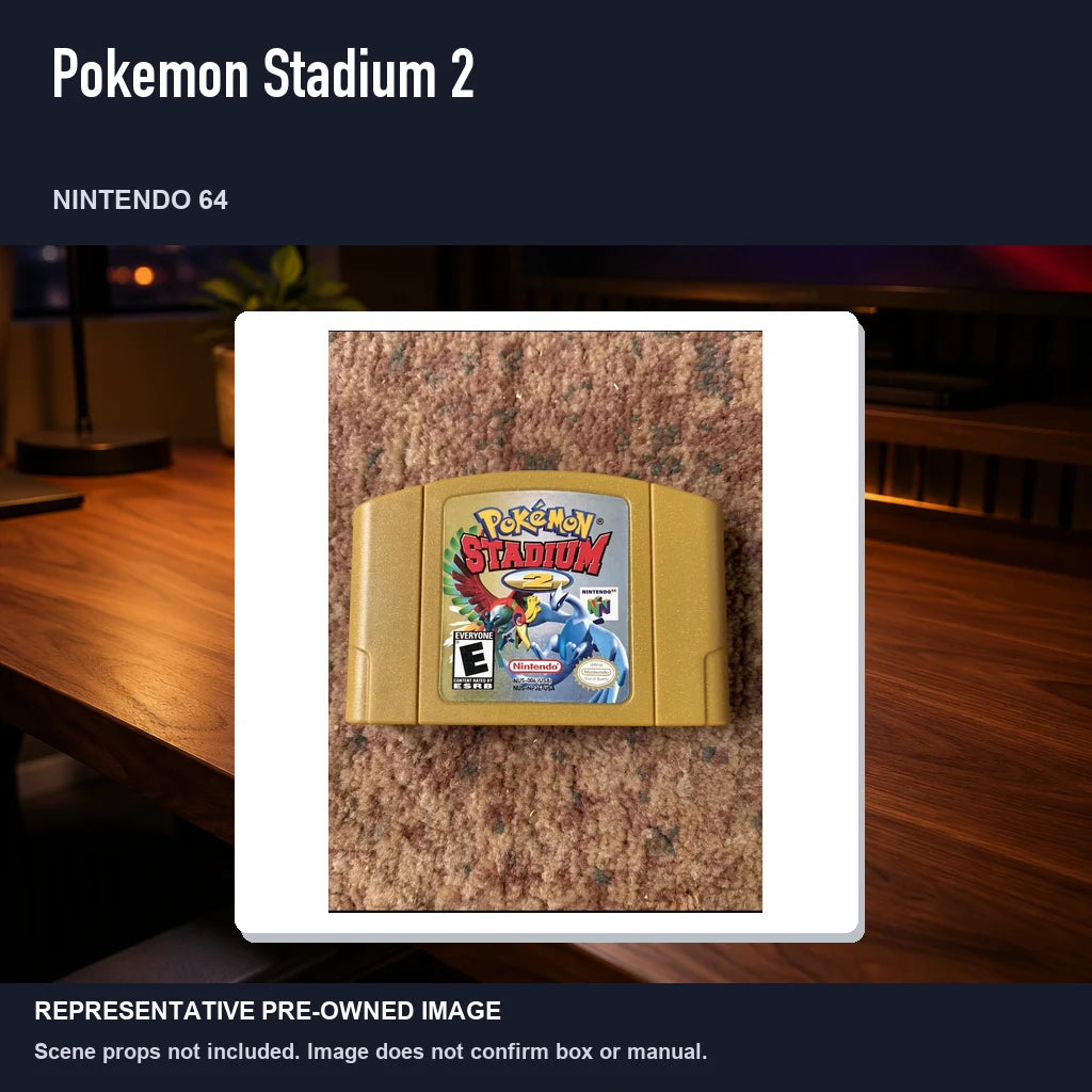 Representative pre-owned Pokemon Stadium 2 (Nintendo 64), product image in a styled desk scene.
