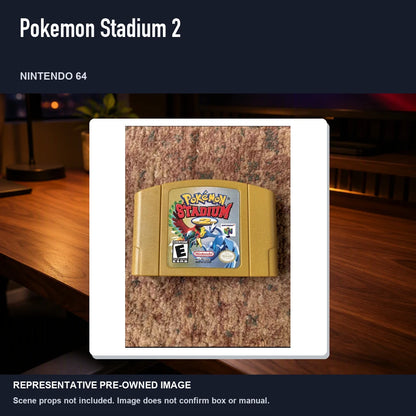 Representative pre-owned Pokemon Stadium 2 (Nintendo 64), product image in a styled desk scene.