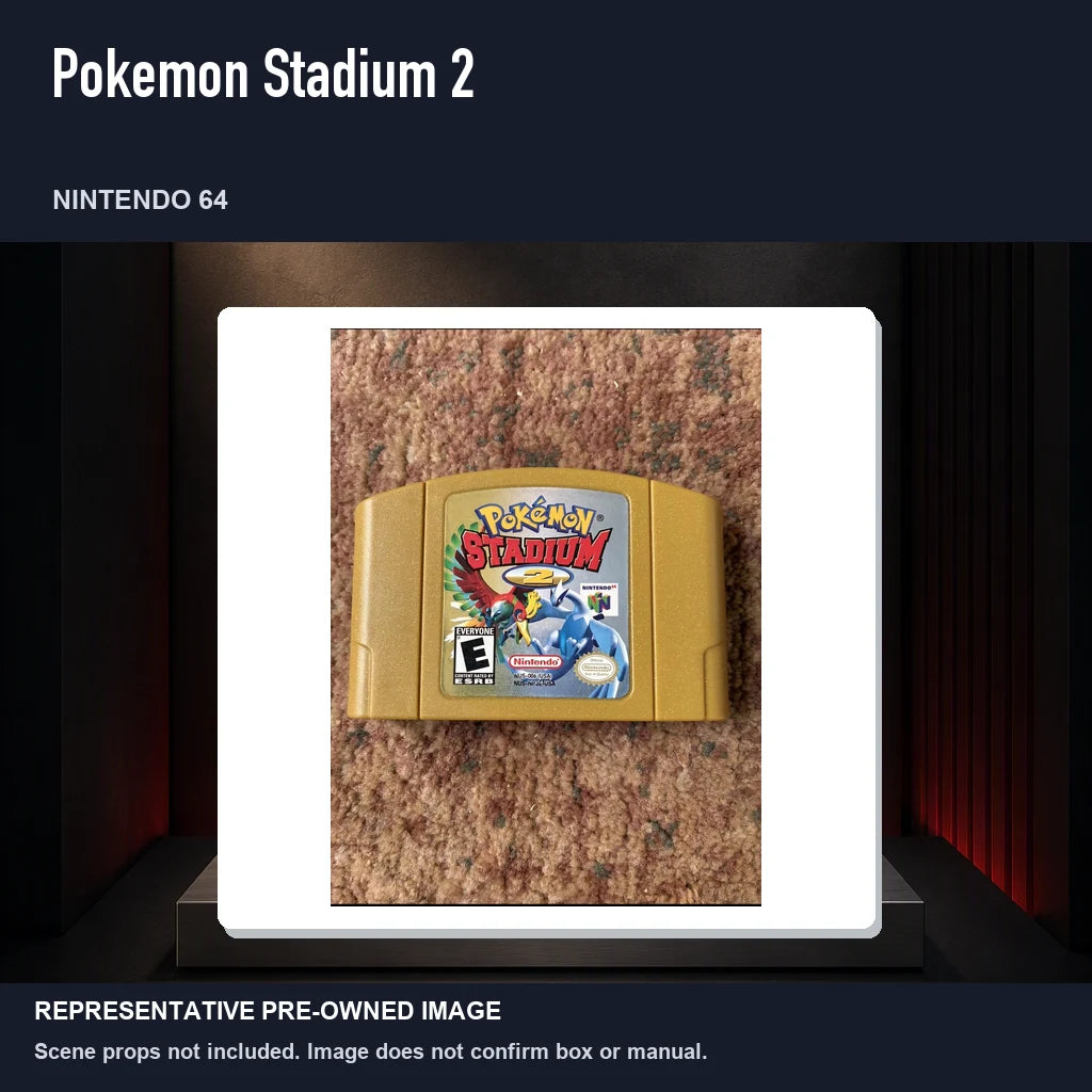 Representative pre-owned Pokemon Stadium 2 (Nintendo 64), product image on a display panel.