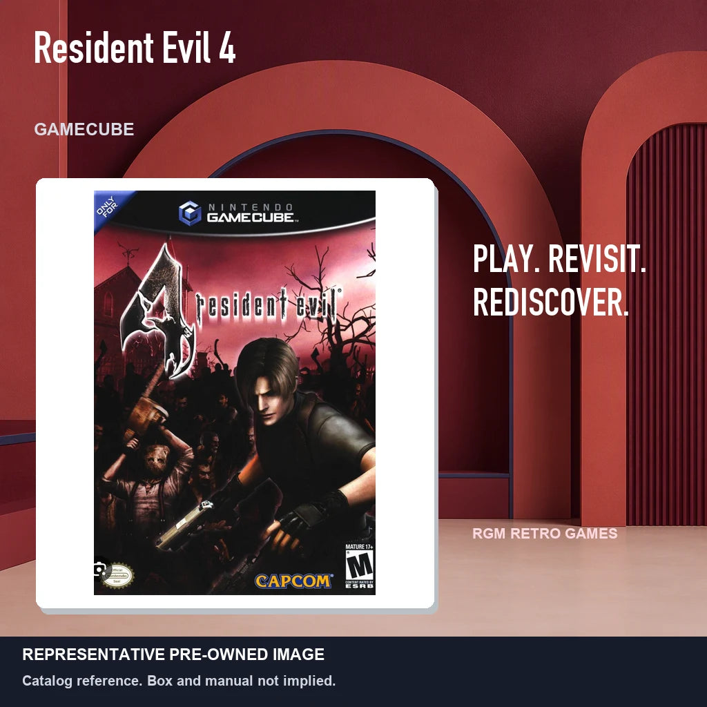 Representative pre-owned Resident Evil 4 (GameCube), red retro product layout.