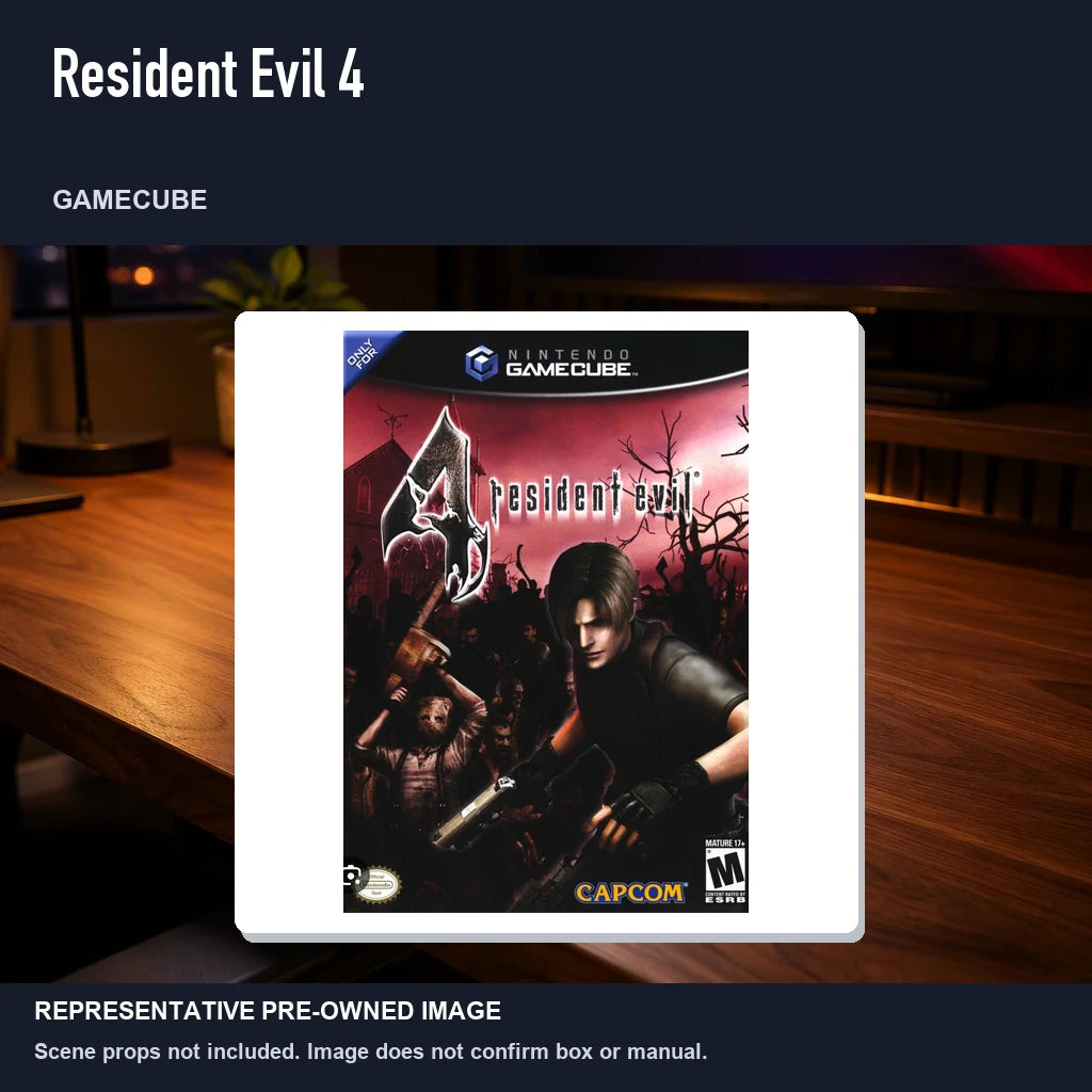 Representative pre-owned Resident Evil 4 (GameCube), product image in a styled desk scene.