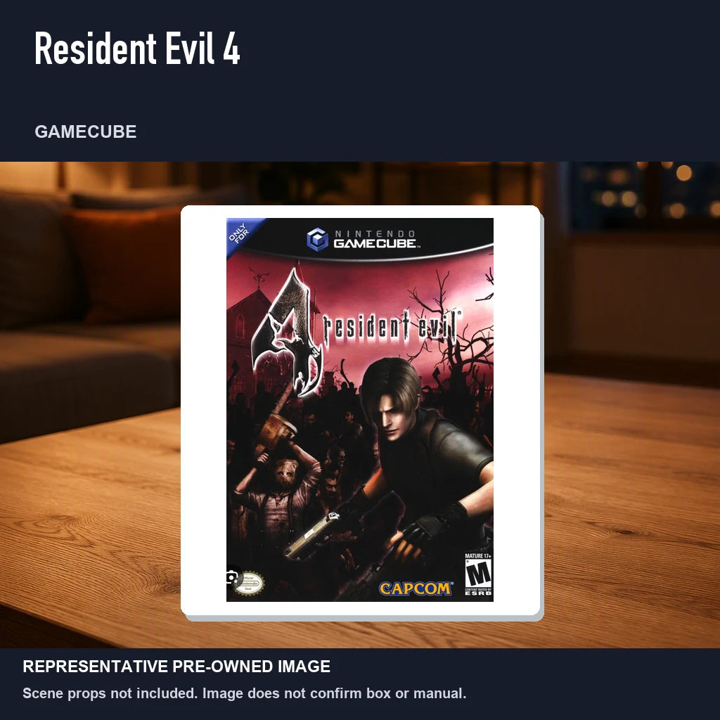 Representative pre-owned Resident Evil 4 (GameCube), product image in a styled room scene.