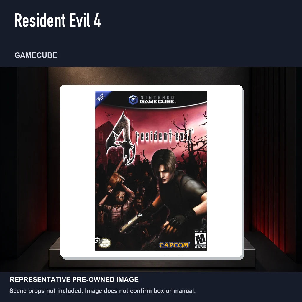 Representative pre-owned Resident Evil 4 (GameCube), product image on a display panel.