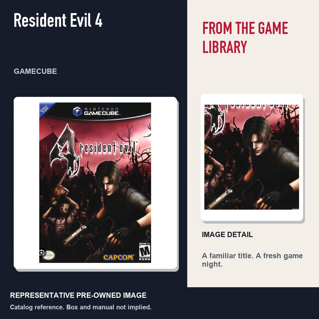 Representative pre-owned Resident Evil 4 (GameCube), editorial image and detail.