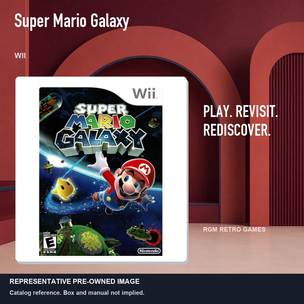 Representative pre-owned Super Mario Galaxy (Wii), red retro product layout.
