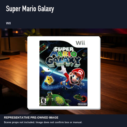 Representative pre-owned Super Mario Galaxy (Wii), product image in a styled desk scene.