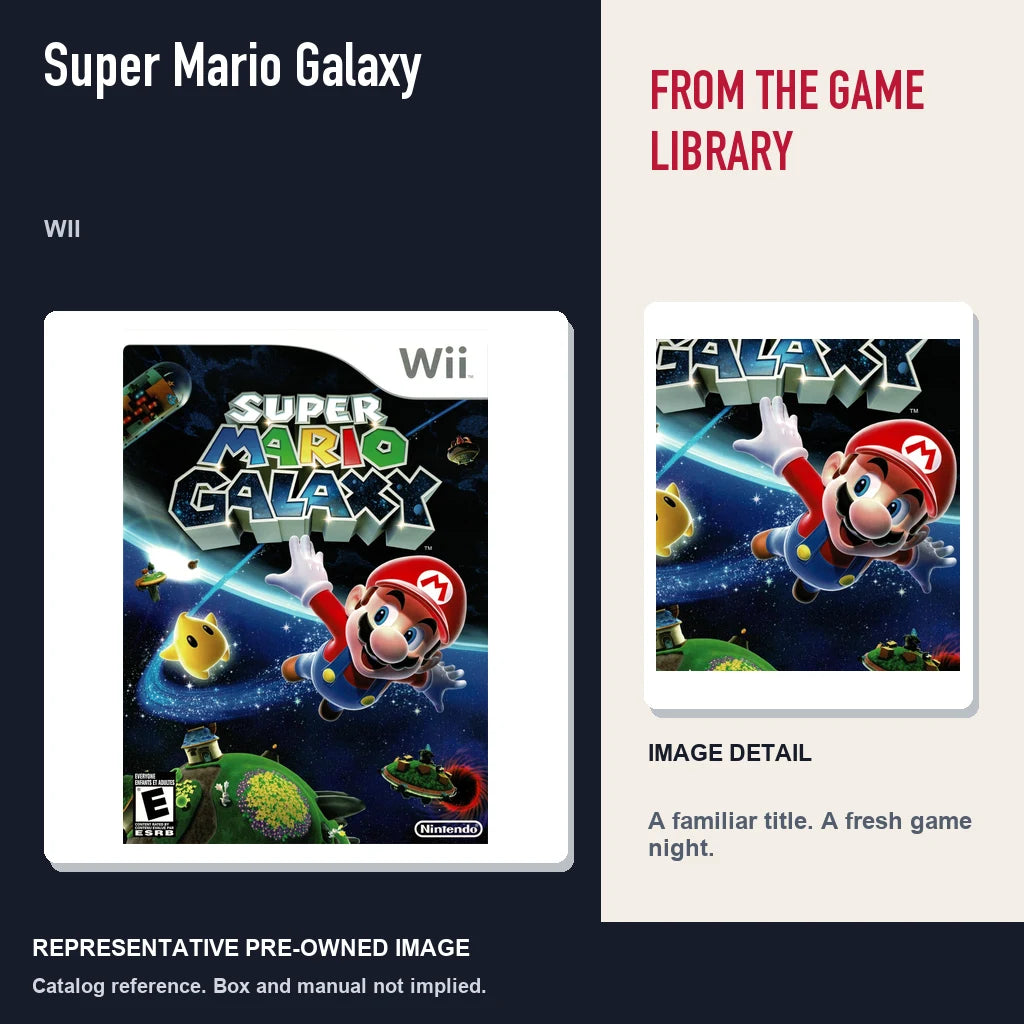 Representative pre-owned Super Mario Galaxy (Wii), editorial image and detail.