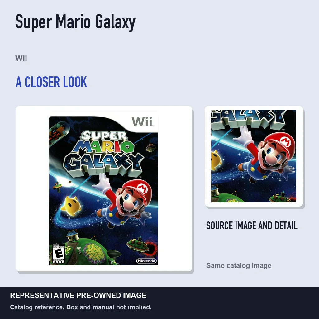 Representative pre-owned Super Mario Galaxy (Wii), full image with detail inset.