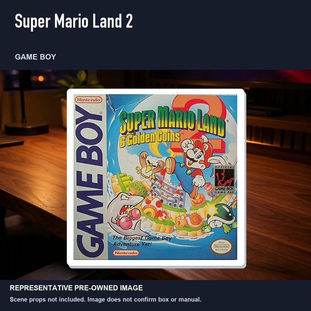 Representative pre-owned Super Mario Land 2 (Game Boy), product image in a styled desk scene.