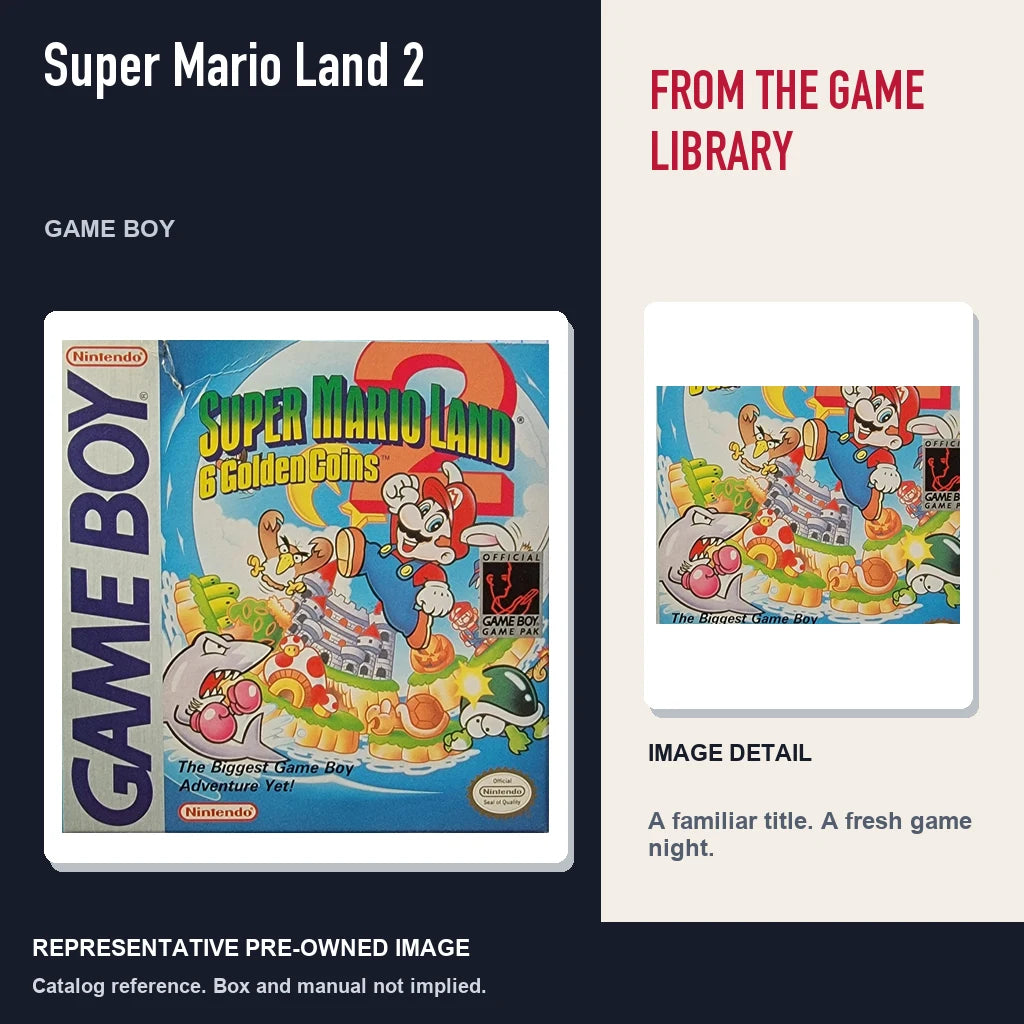 Representative pre-owned Super Mario Land 2 (Game Boy), editorial image and detail.